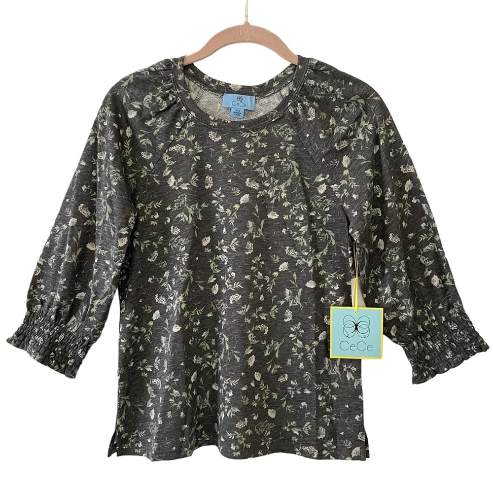 CeCe Crew Neck Floral Puff Sleeve Raglan Top NWT